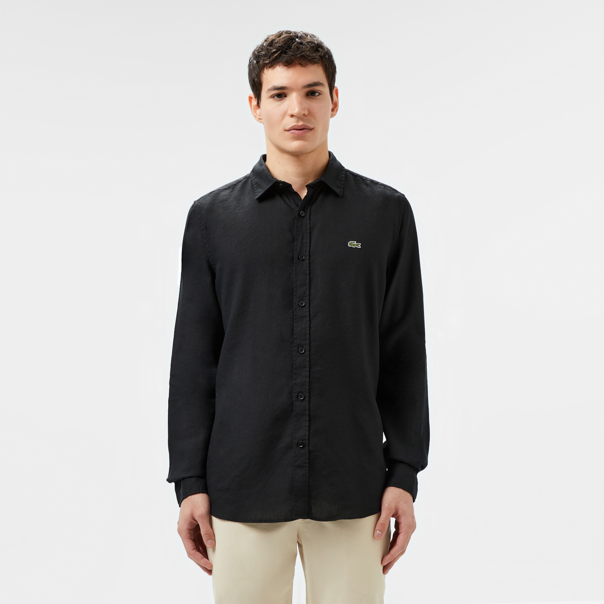 Lacoste Erkek Slim Fit Keten Siyah Gömlek