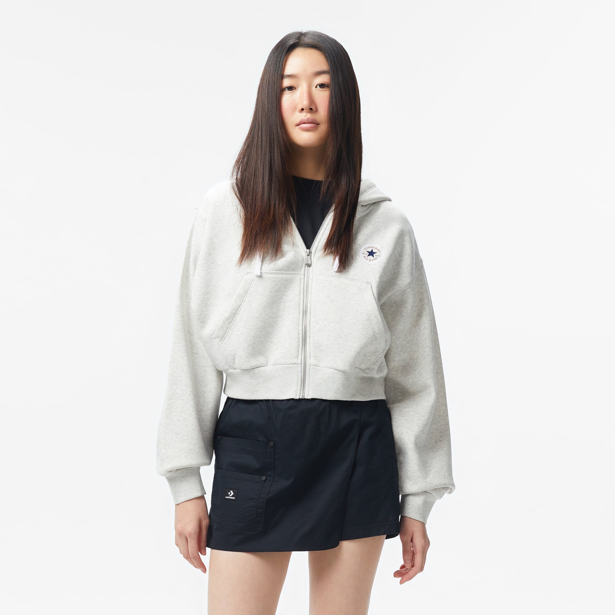 Converse Kadın Baskılı Gri Fermuarlı Hoodie