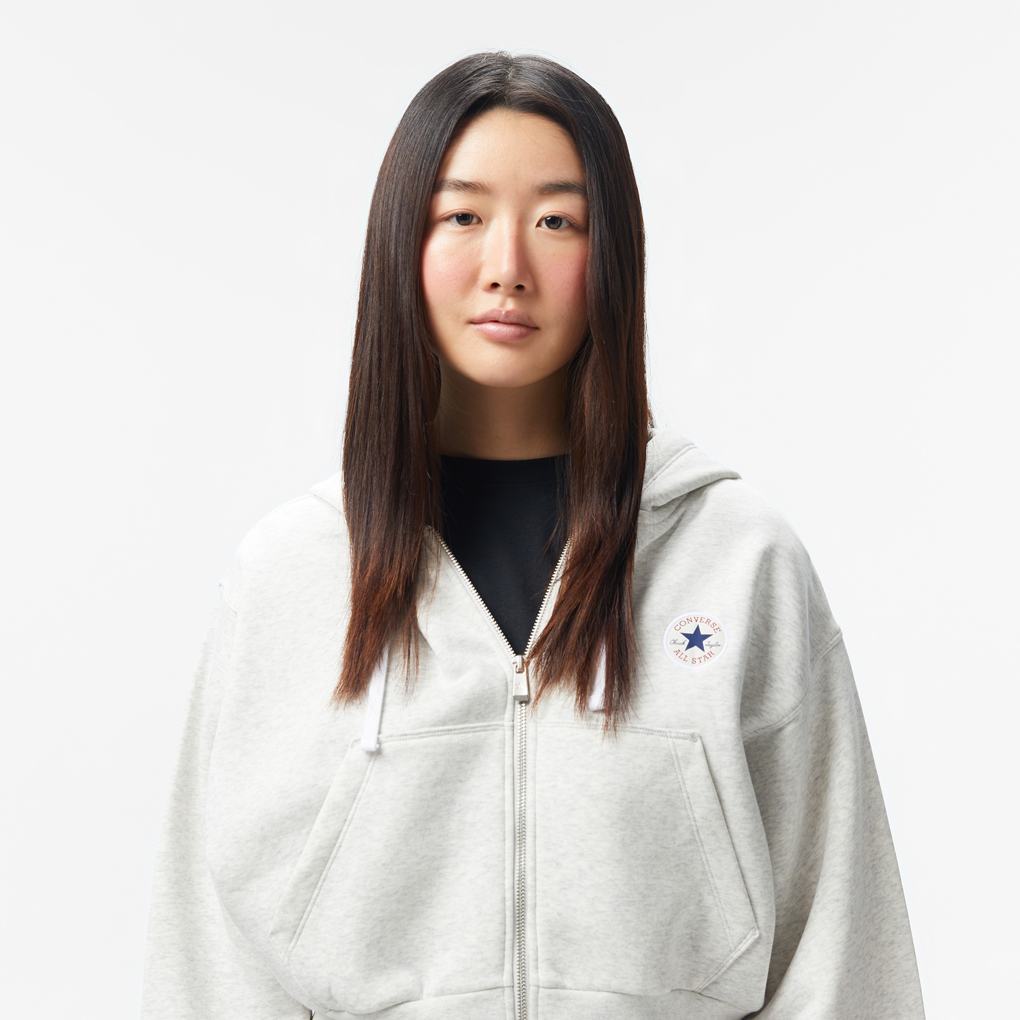 Converse Kadın Baskılı Gri Fermuarlı Hoodie