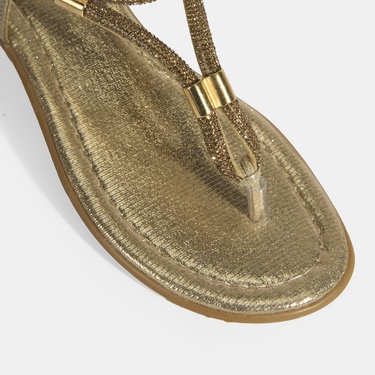  Kadın Gold Taşlı Lastik Bantlı Parmak Arası Sandalet