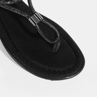  Kadın Siyah Taşlı Lastik Bantlı Parmak Arası Sandalet