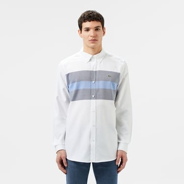  Erkek Slim Fit Renk Bloklu Beyaz Gömlek