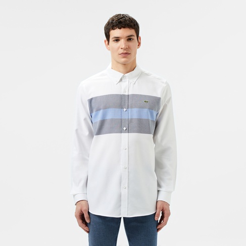  Erkek Slim Fit Renk Bloklu Beyaz Gömlek