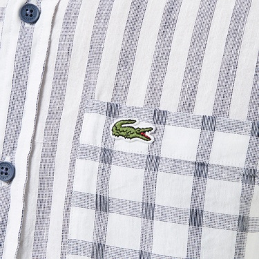  Lacoste Erkek Regular Fit Düğmeli Yaka Ekose Keten Lacivert Gömlek