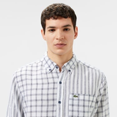 Lacoste Erkek Regular Fit Düğmeli Yaka Ekose Keten Lacivert Gömlek