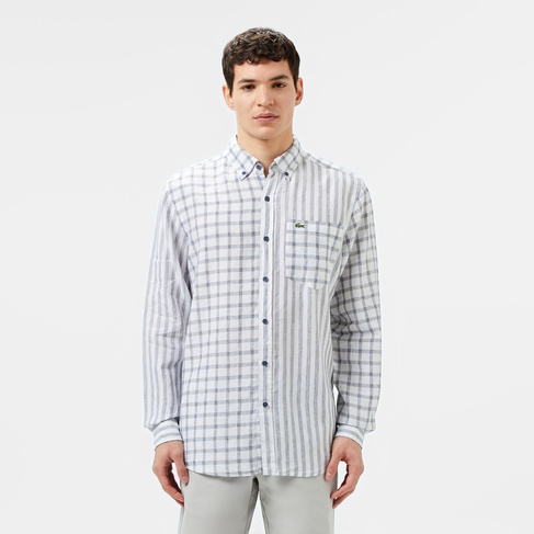  Lacoste Erkek Regular Fit Düğmeli Yaka Ekose Keten Lacivert Gömlek