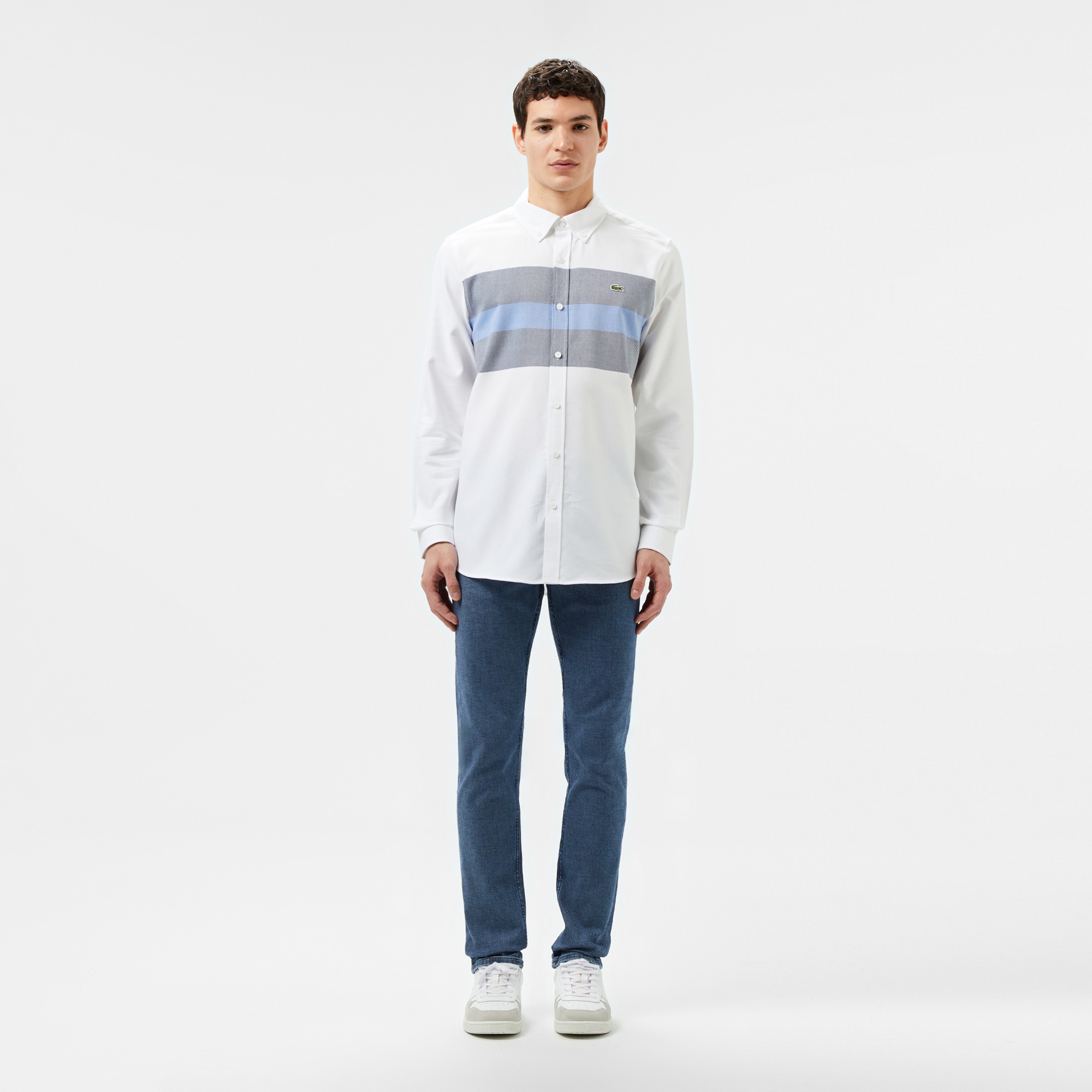 Erkek Slim Fit Renk Bloklu Beyaz Gömlek