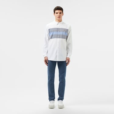  Erkek Slim Fit Renk Bloklu Beyaz Gömlek