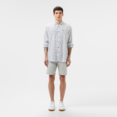  Lacoste Erkek Regular Fit Düğmeli Yaka Ekose Keten Lacivert Gömlek