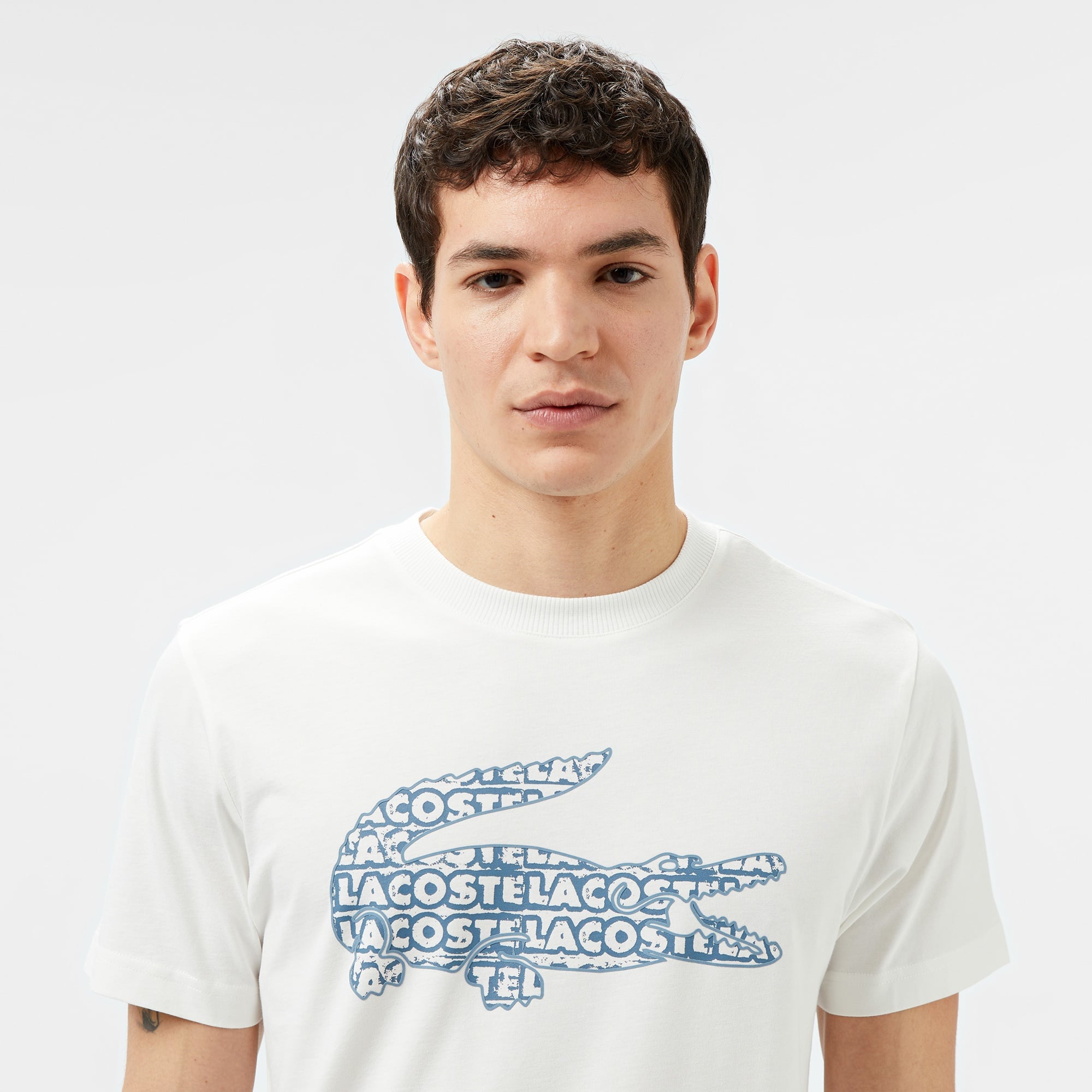 Lacoste Erkek Regular Fit Bisiklet Yaka Baskılı Beyaz T-Shirt