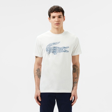  Lacoste Erkek Regular Fit Bisiklet Yaka Baskılı Beyaz T-Shirt