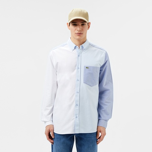  Erkek Slim Fit Renk Bloklu Açık Mavi Gömlek