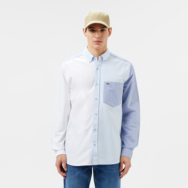  Erkek Slim Fit Renk Bloklu Açık Mavi Gömlek