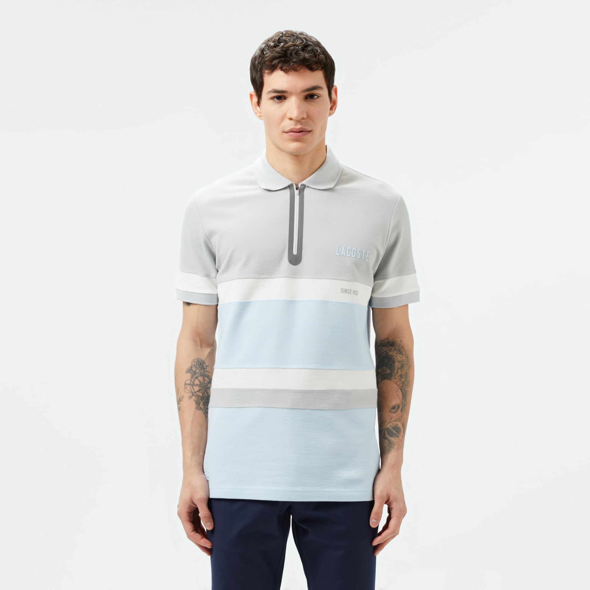  Lacoste Erkek Regular Fit Yarım Fermuarlı Renk Bloklu Açık Mavi Polo