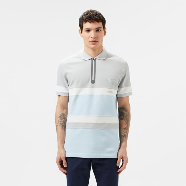  Lacoste Erkek Regular Fit Yarım Fermuarlı Renk Bloklu Açık Mavi Polo