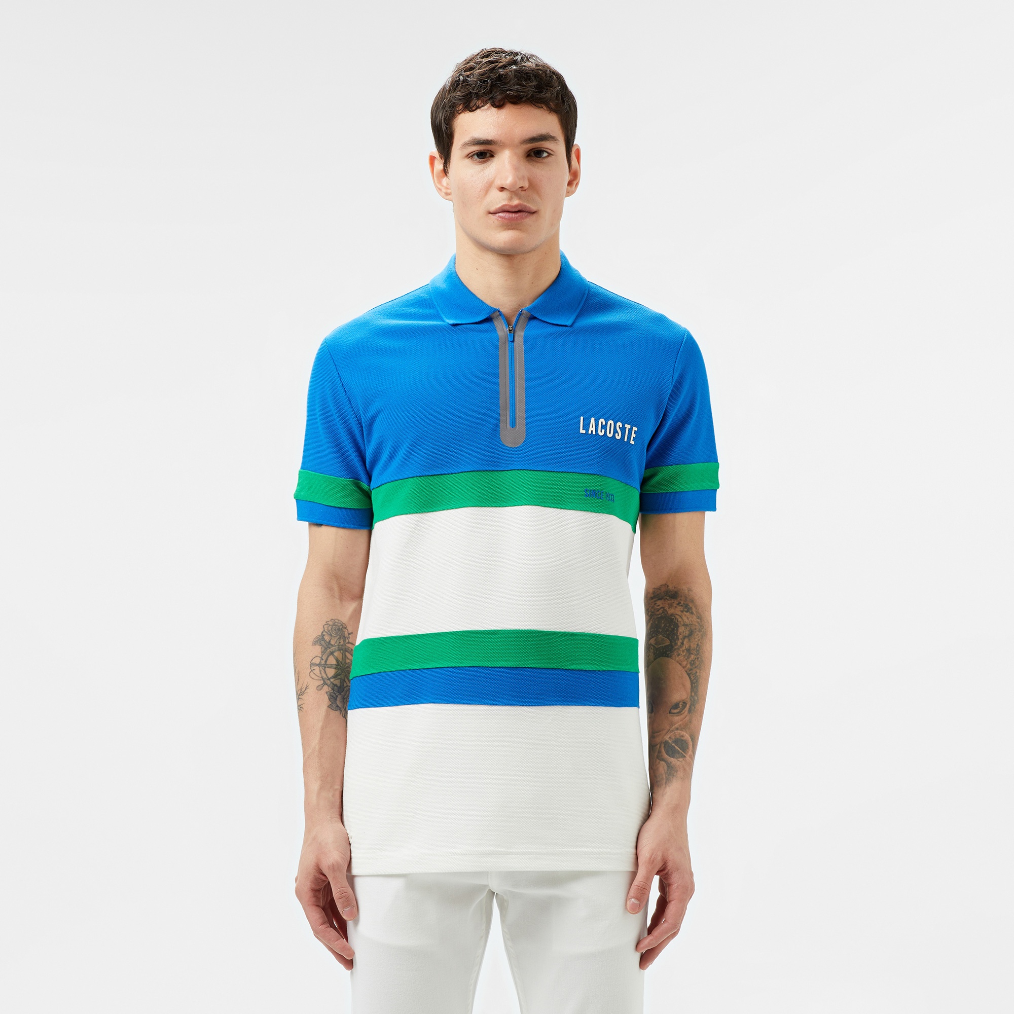 Lacoste Erkek Regular Fit Yarım Fermuarlı Renk Bloklu Beyaz Polo