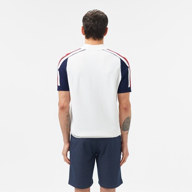  Erkek Kısa Kollu Yarım Fermuarlı Renk Bloklu Beyaz Triko