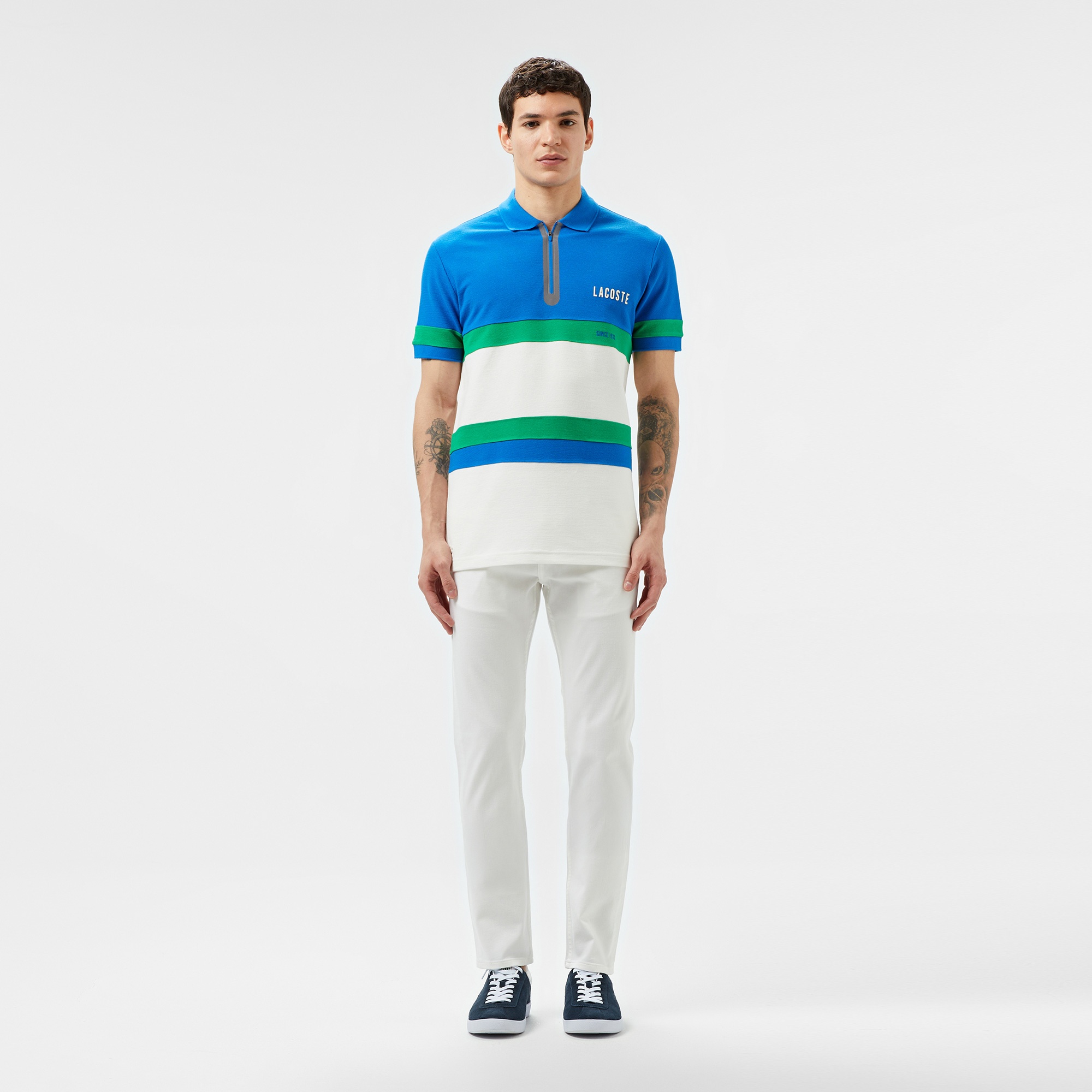 Lacoste Erkek Regular Fit Yarım Fermuarlı Renk Bloklu Beyaz Polo