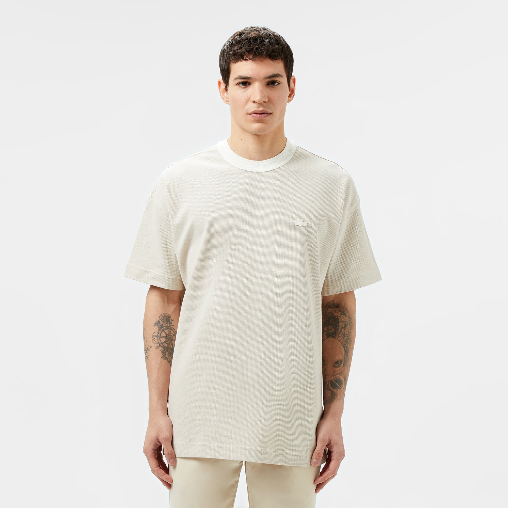 Lacoste Erkek Oversize Fit Bisiklet Yaka Krem T-Shirt