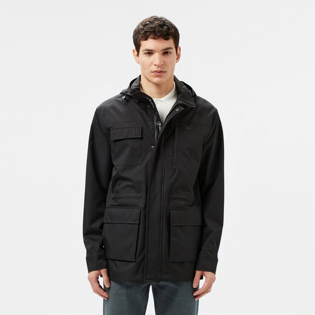  Lacoste Erkek Regular Fit Kapüşonlu Baskılı Siyah Yağmurluk