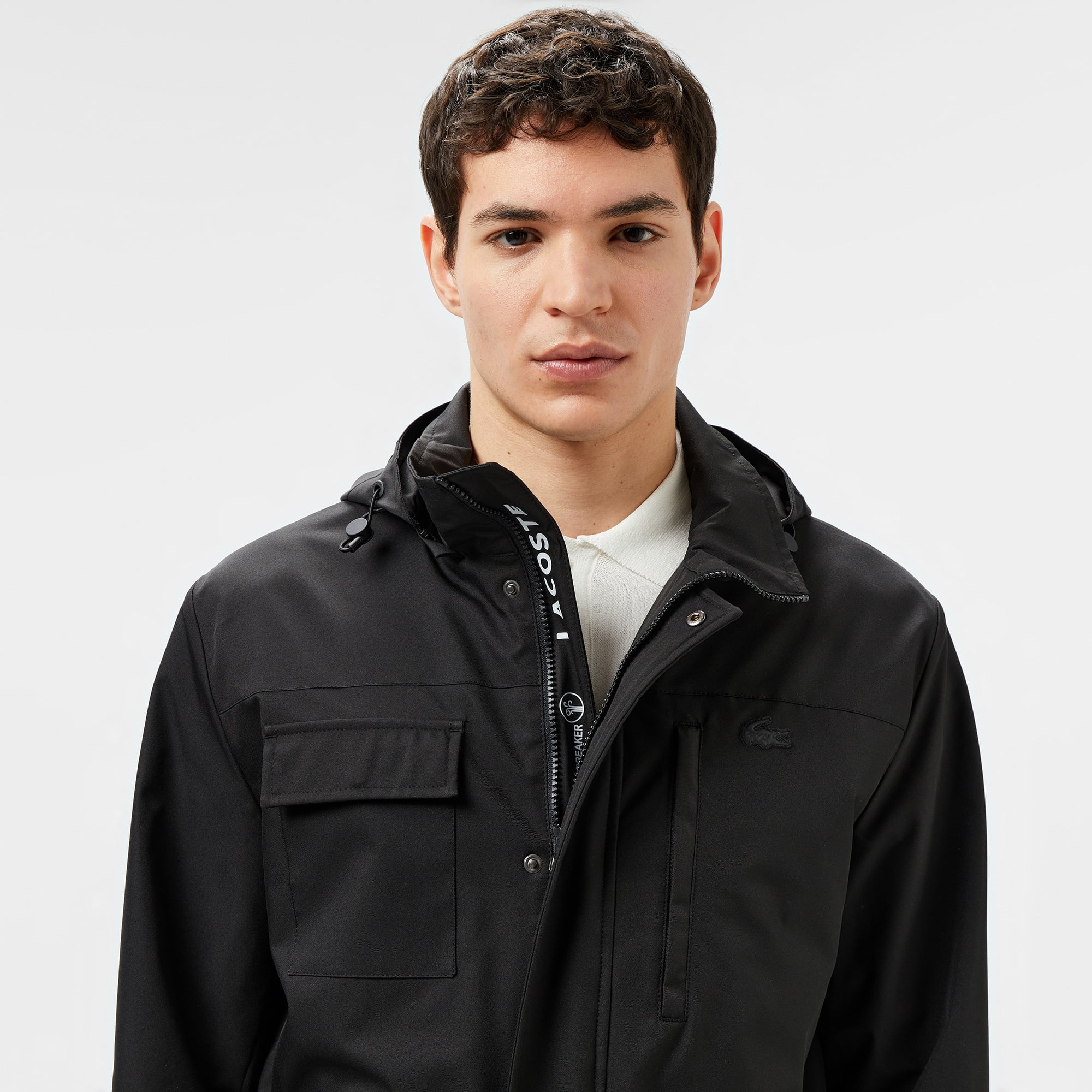 Erkek Regular Fit Kapüşonlu Baskılı Siyah Yağmurluk