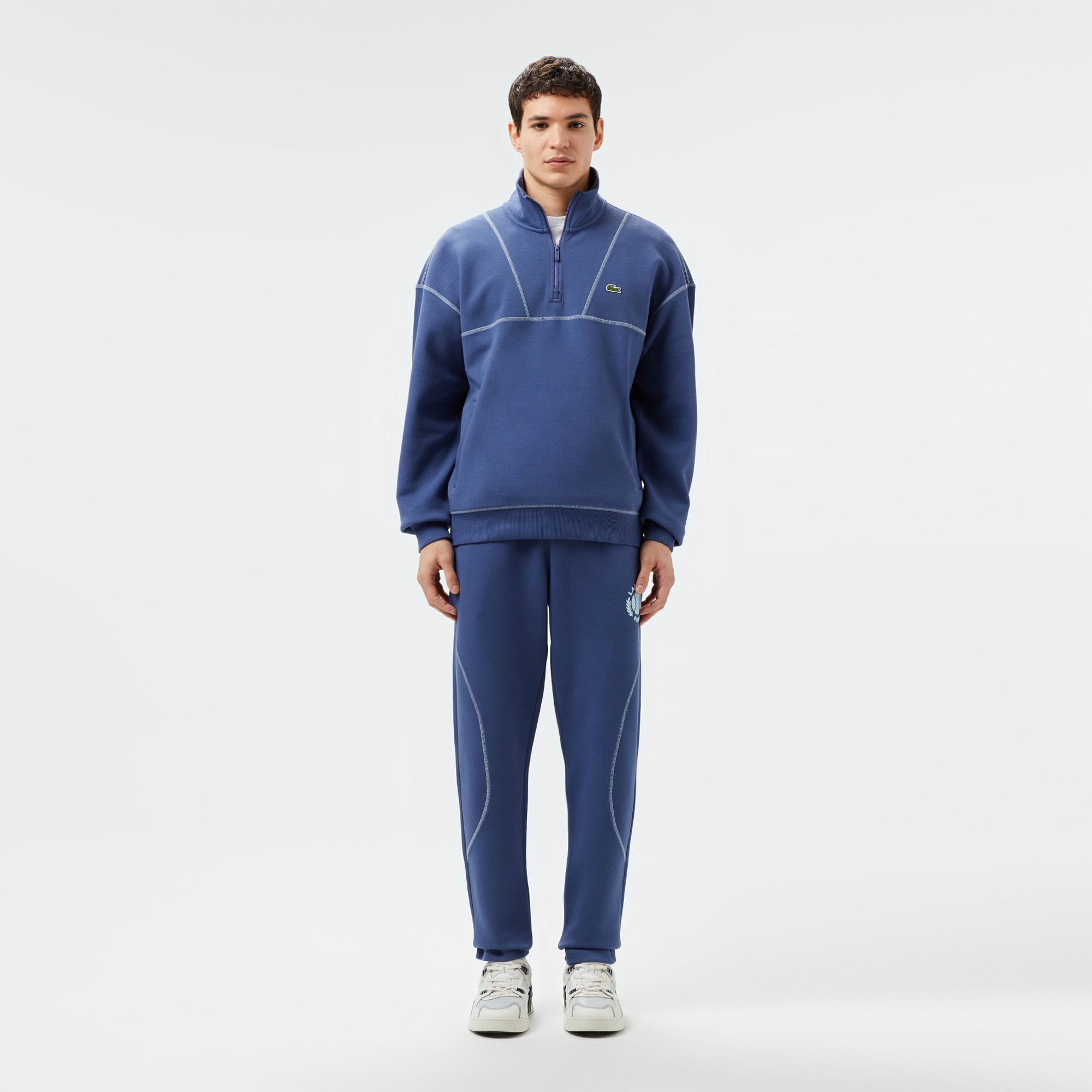 Erkek Relaxed Fit Yarım Fermuarlı Renk Bloklu Mavi Sweatshirt