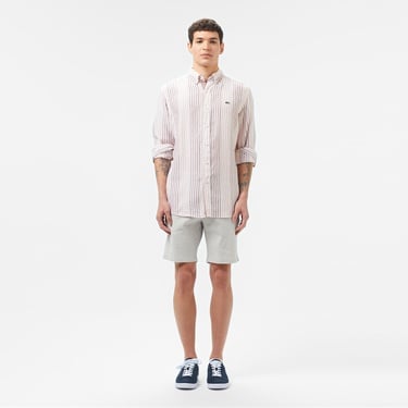  Erkek Regular Fit Çizgili Keten Kahverengi Gömlek