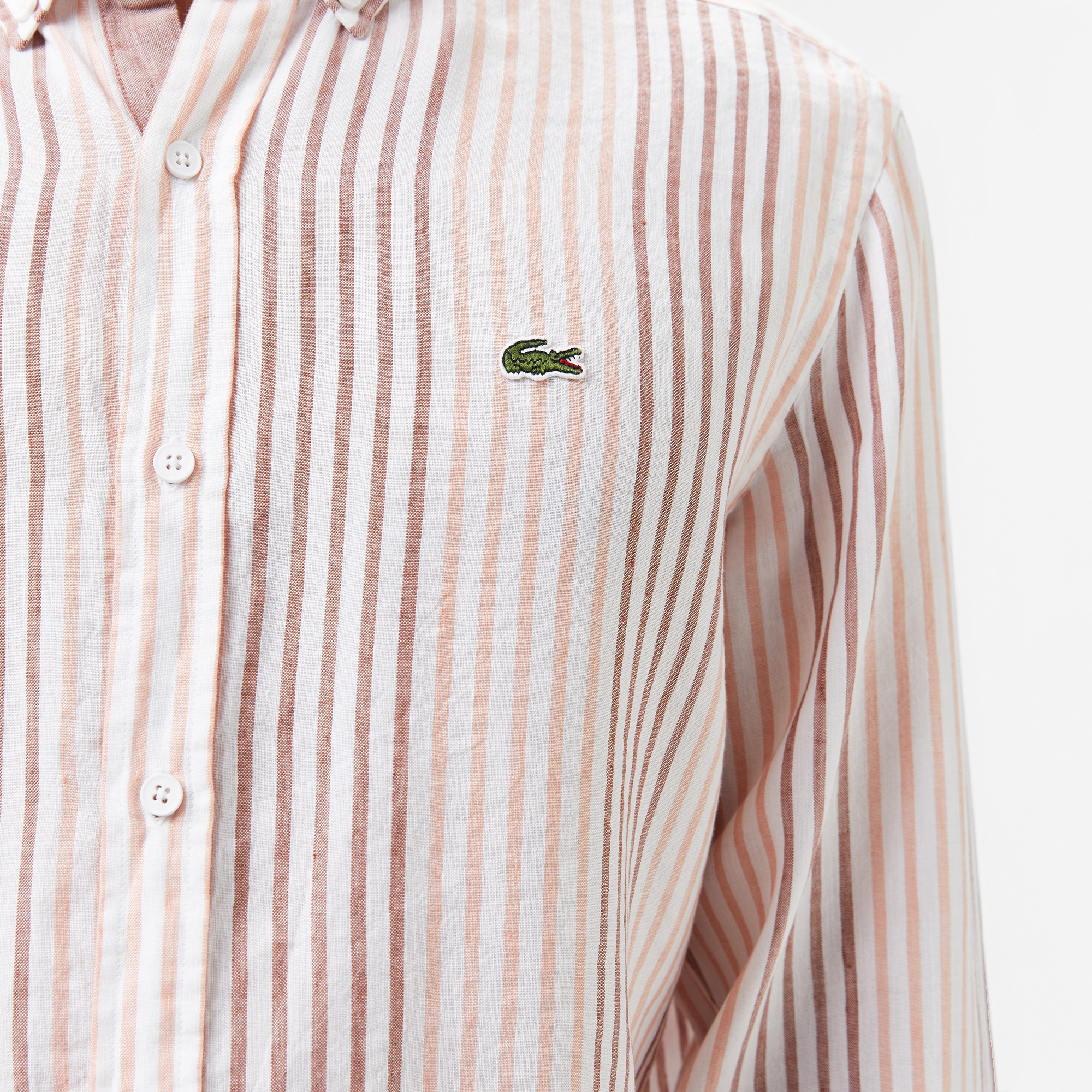 Lacoste Erkek Regular Fit Çizgili Keten Kahverengi Gömlek