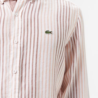  Erkek Regular Fit Çizgili Keten Kahverengi Gömlek