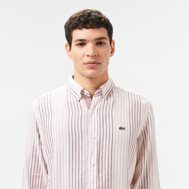  Erkek Regular Fit Çizgili Keten Kahverengi Gömlek