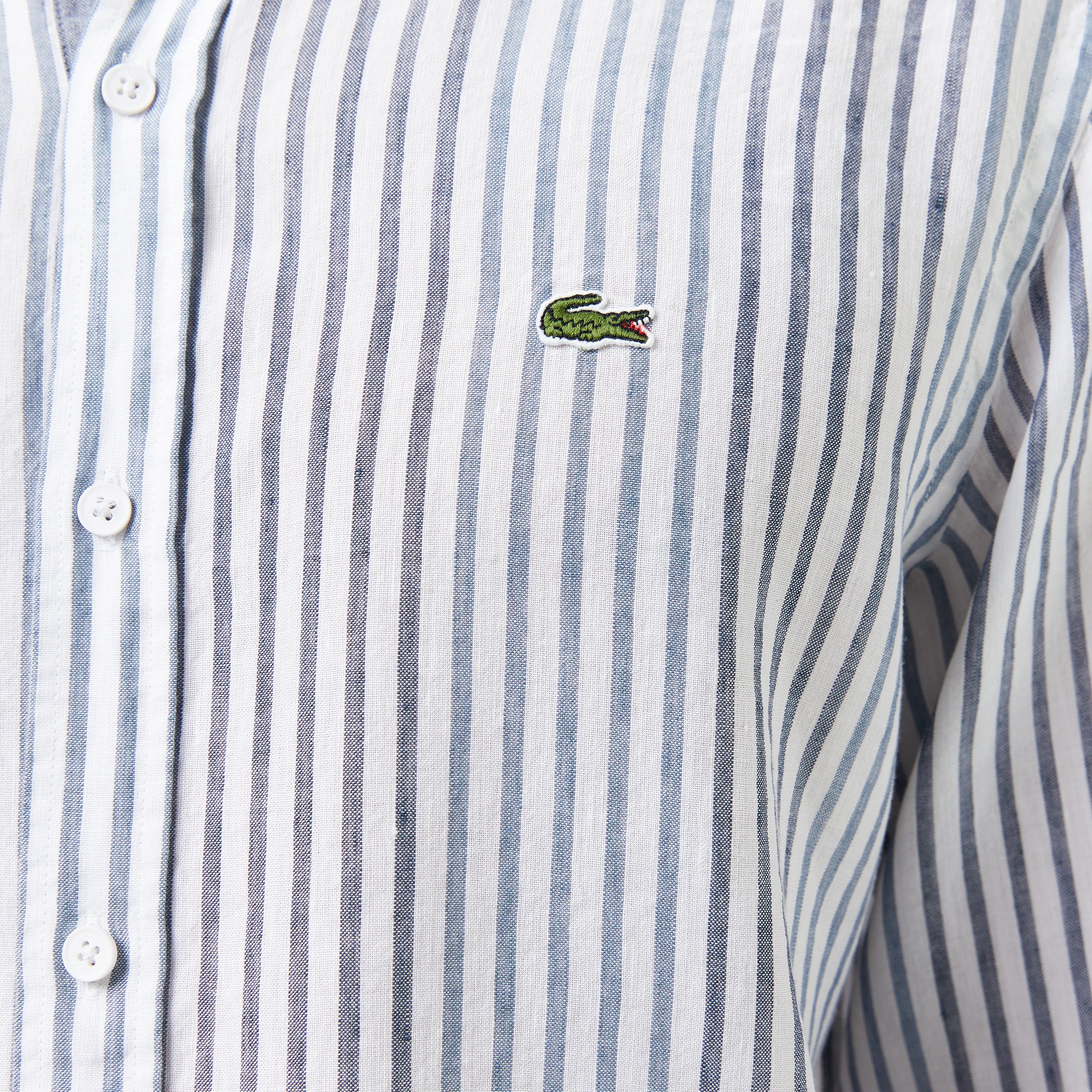 Lacoste Erkek Regular Fit Çizgili Keten Koyu Mavi Gömlek