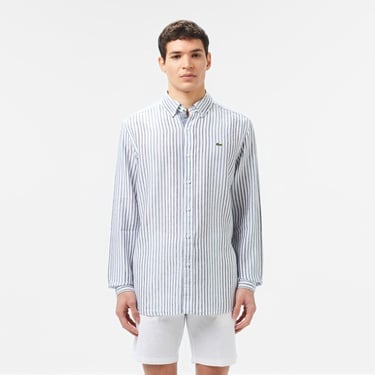  Lacoste Erkek Regular Fit Çizgili Keten Koyu Mavi Gömlek