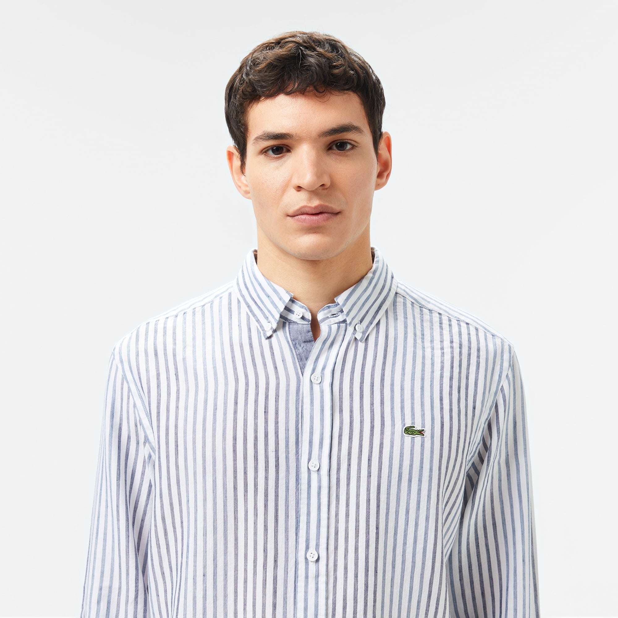 Lacoste Erkek Regular Fit Çizgili Keten Koyu Mavi Gömlek