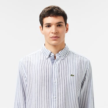  Lacoste Erkek Regular Fit Çizgili Keten Koyu Mavi Gömlek