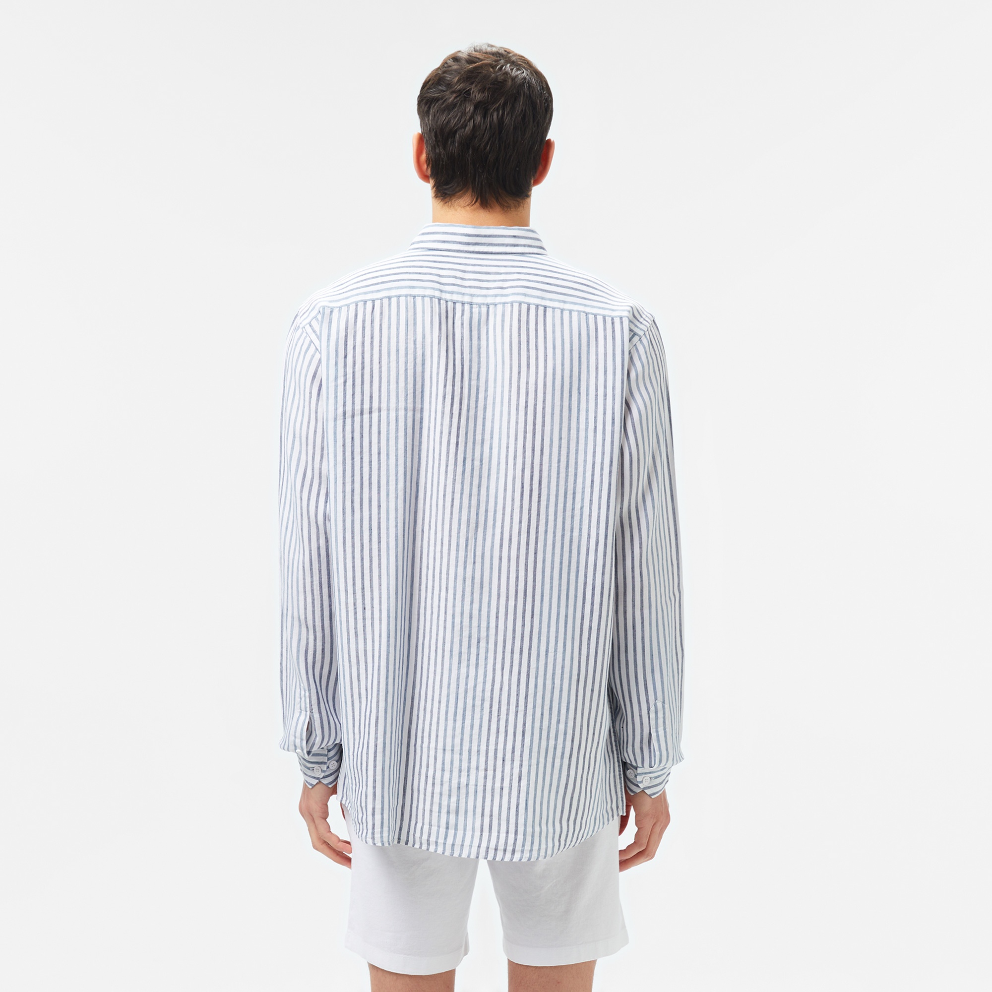 Lacoste Erkek Regular Fit Çizgili Keten Koyu Mavi Gömlek