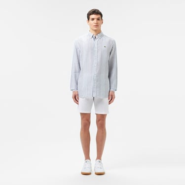  Lacoste Erkek Regular Fit Çizgili Keten Koyu Mavi Gömlek