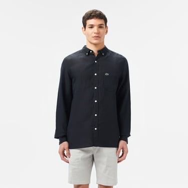  Lacoste Erkek Regular Fit Düğmeli Yaka Keten Siyah Gömlek