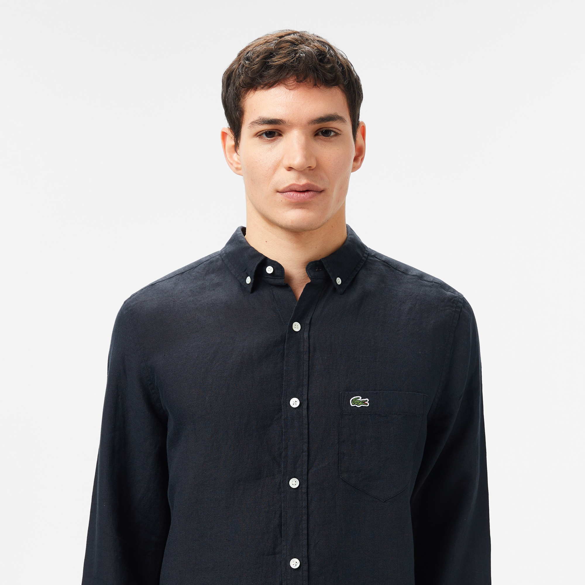 Lacoste Erkek Regular Fit Düğmeli Yaka Keten Siyah Gömlek