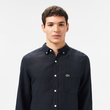  Lacoste Erkek Regular Fit Düğmeli Yaka Keten Siyah Gömlek
