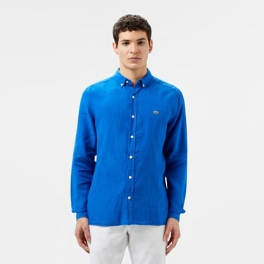  Lacoste Erkek Regular Fit Düğmeli Yaka Keten Mavi Gömlek