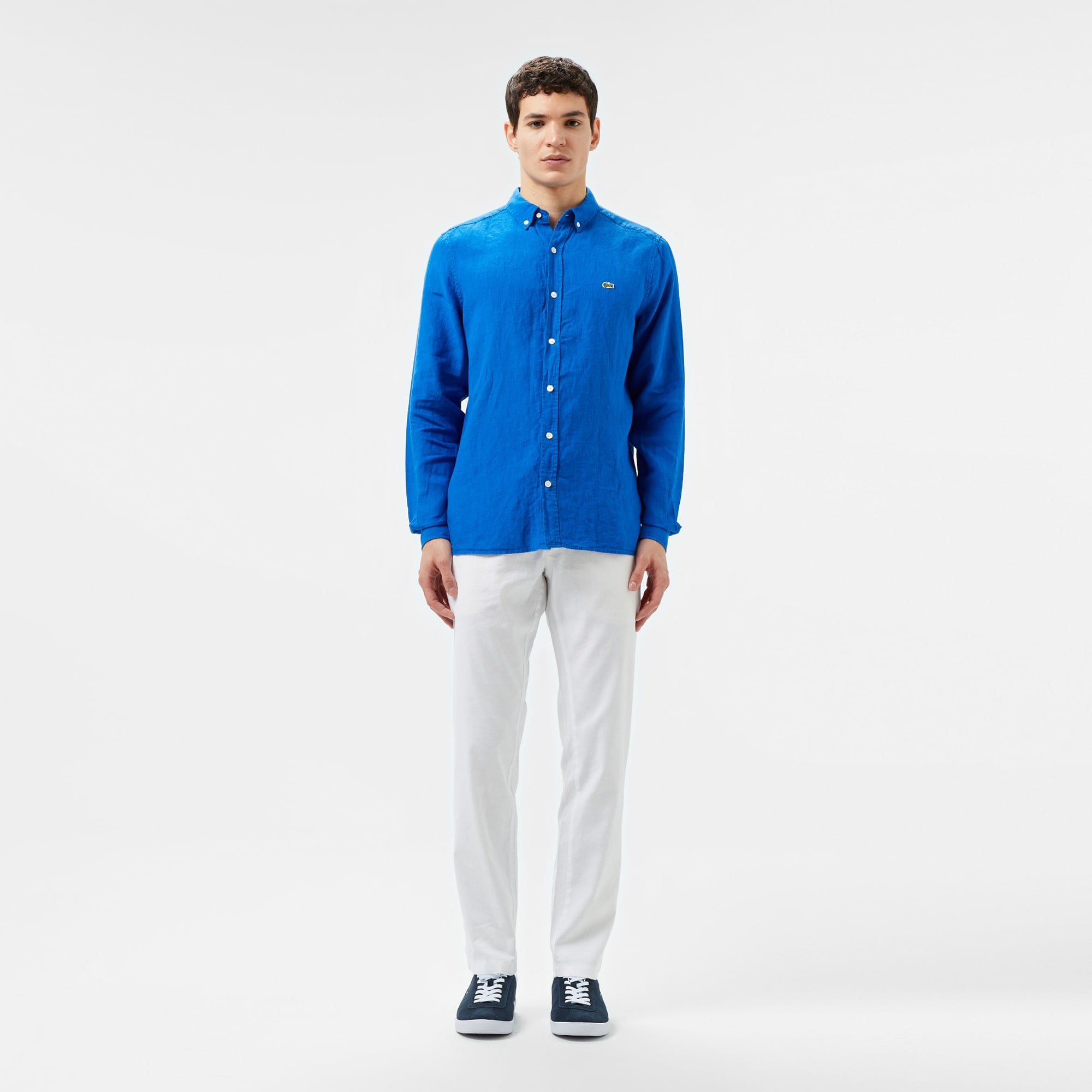 Lacoste Erkek Regular Fit Düğmeli Yaka Keten Mavi Gömlek