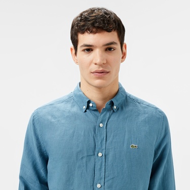  Lacoste Erkek Regular Fit Düğmeli Yaka Keten Mavi Gömlek
