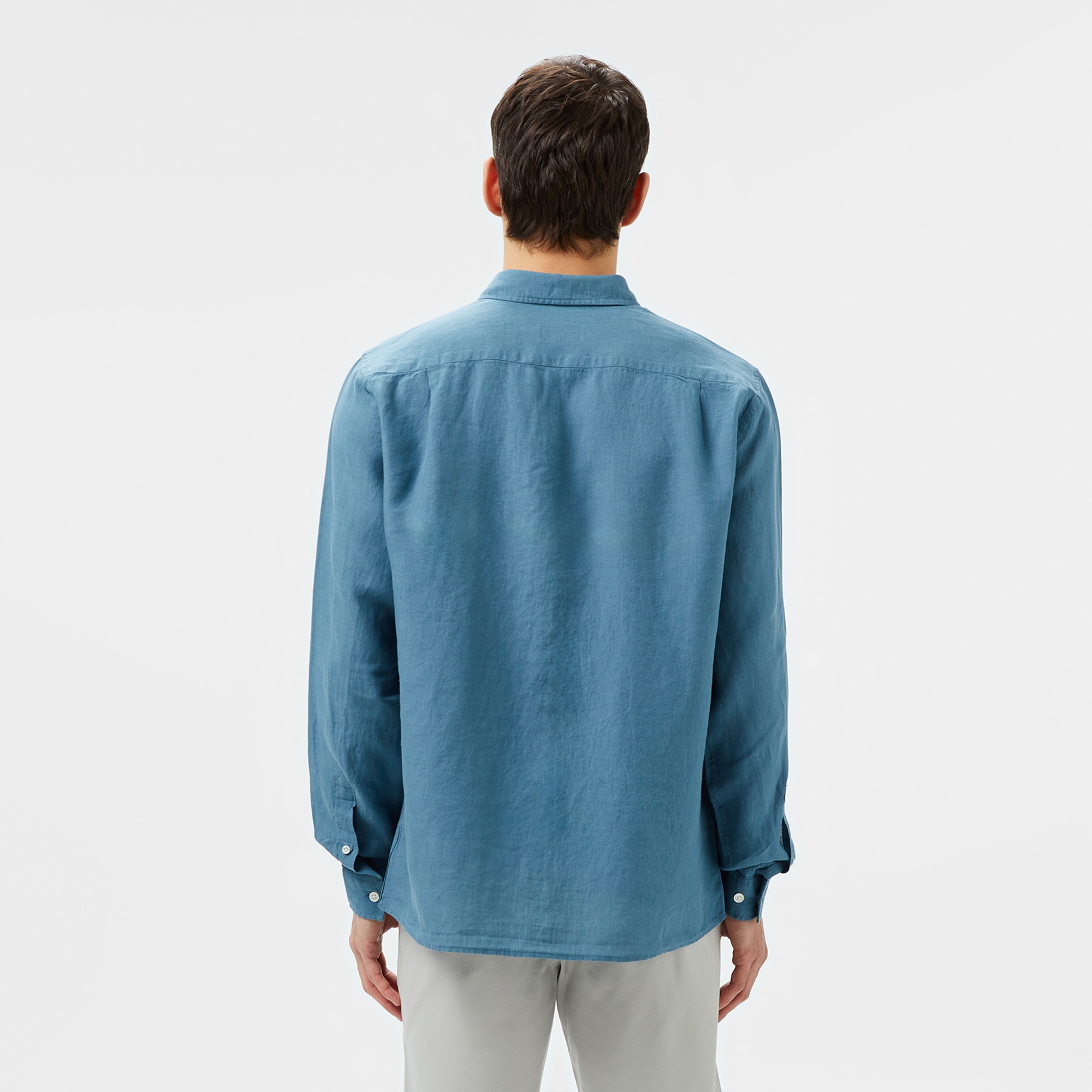 Lacoste Erkek Regular Fit Düğmeli Yaka Keten Mavi Gömlek