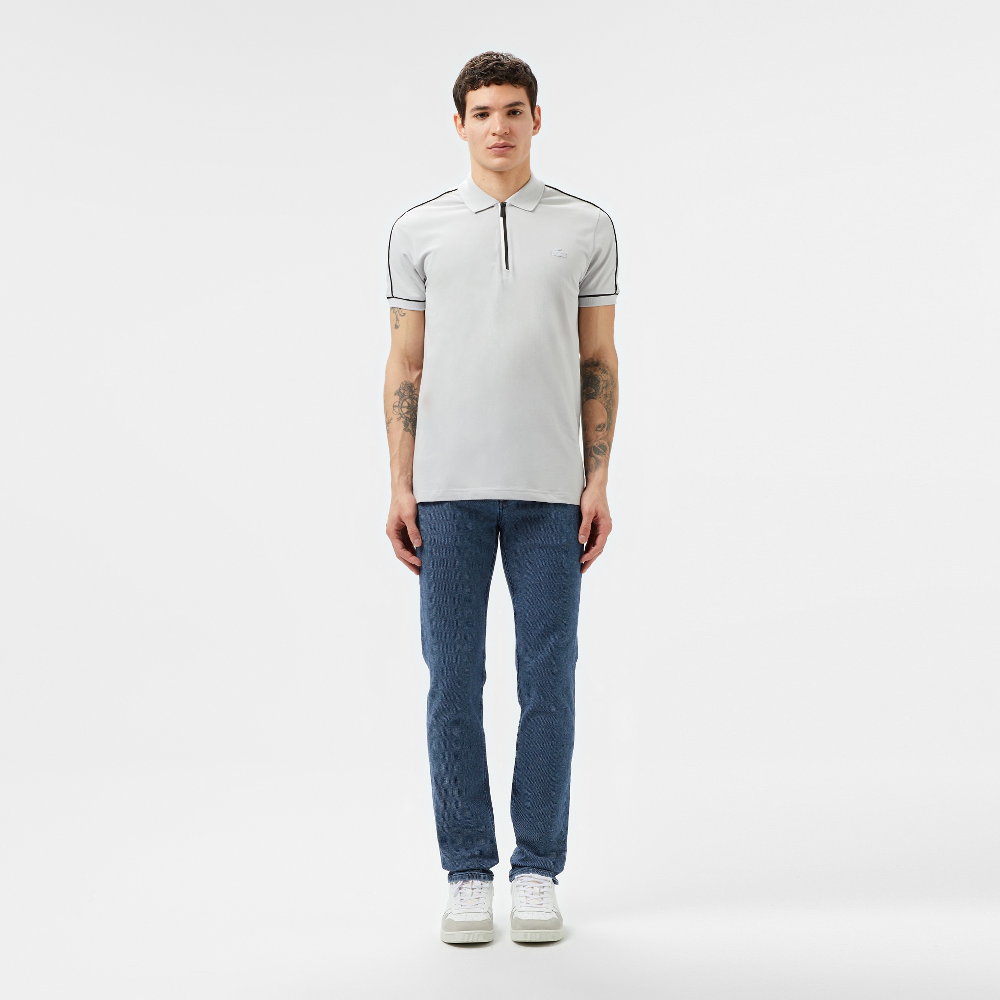Erkek Slim Fit Yarım Fermuarlı Gri Polo