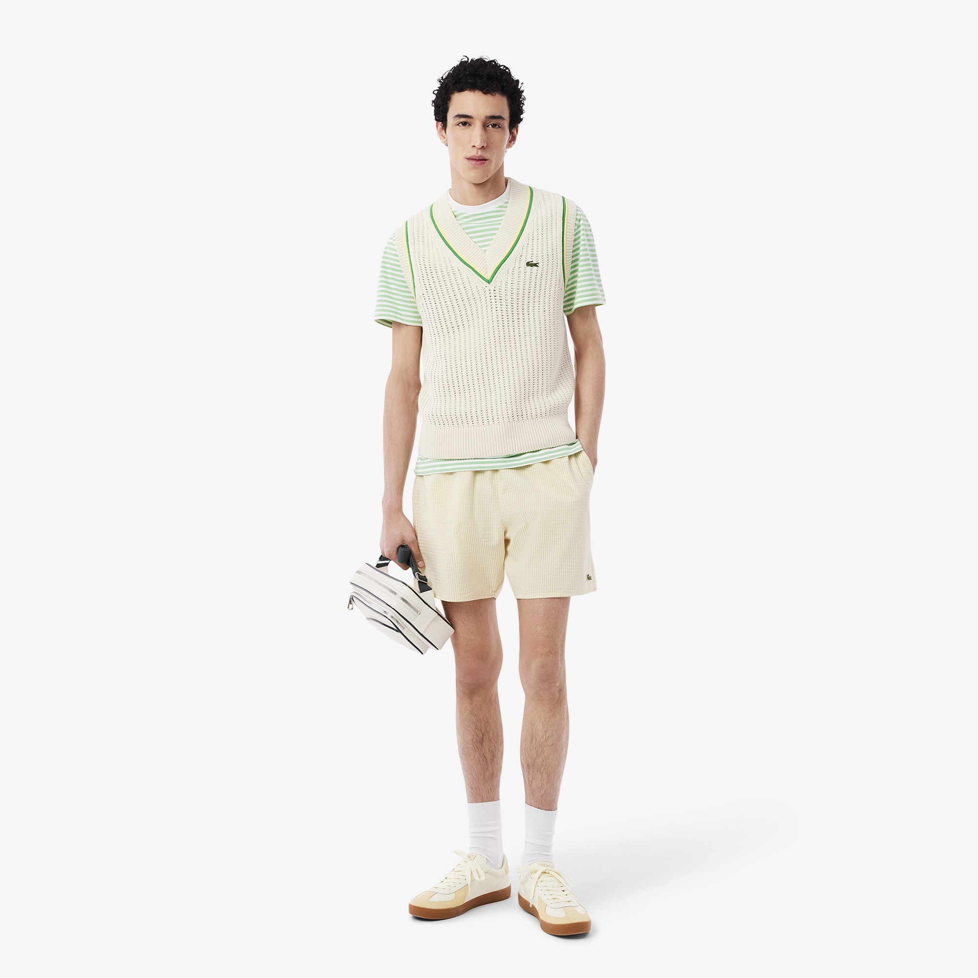 Lacoste Erkek Classic Fit Bisiklet Yaka Çizgili Açık Yeşil T-Shirt