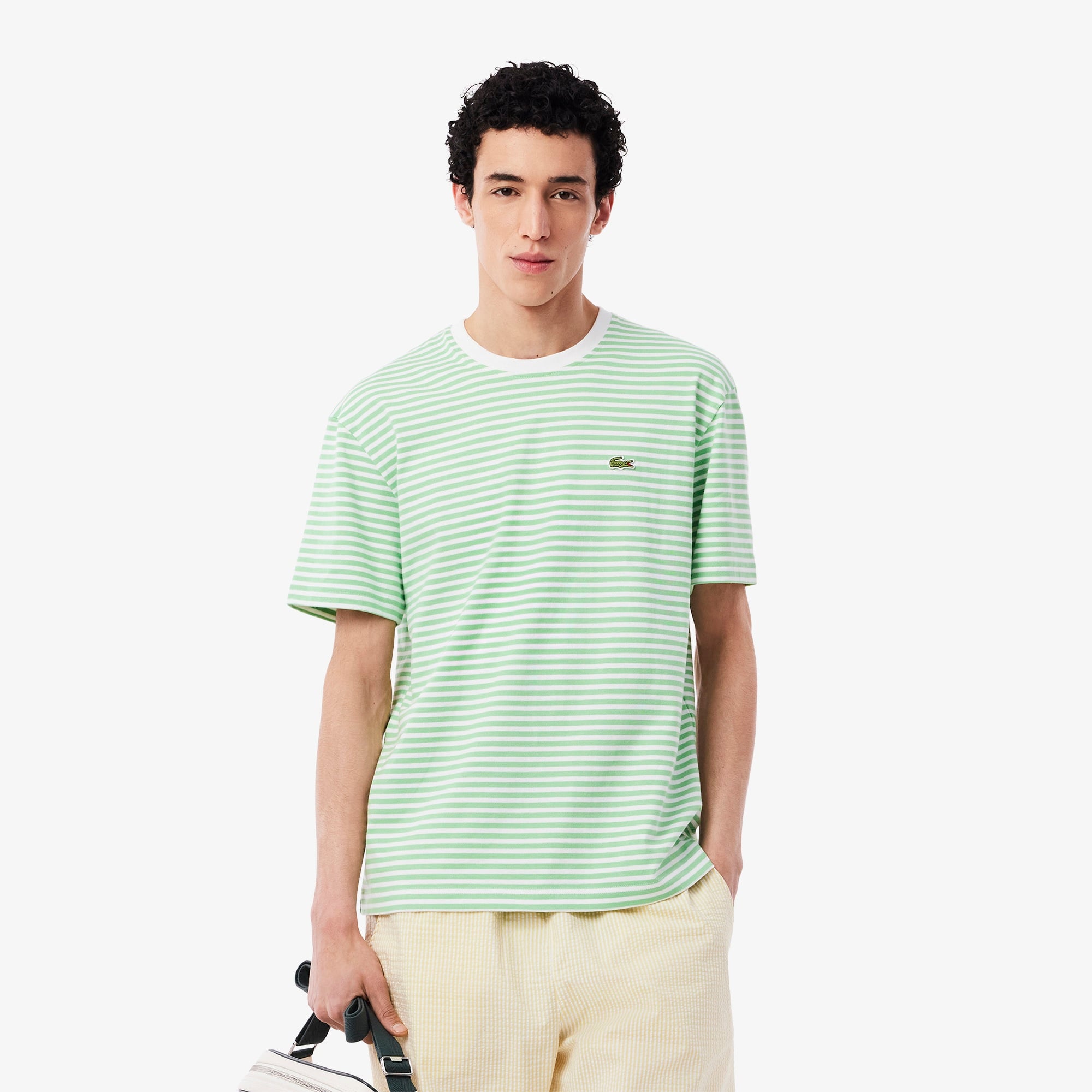 Lacoste Erkek Classic Fit Bisiklet Yaka Çizgili Açık Yeşil T-Shirt