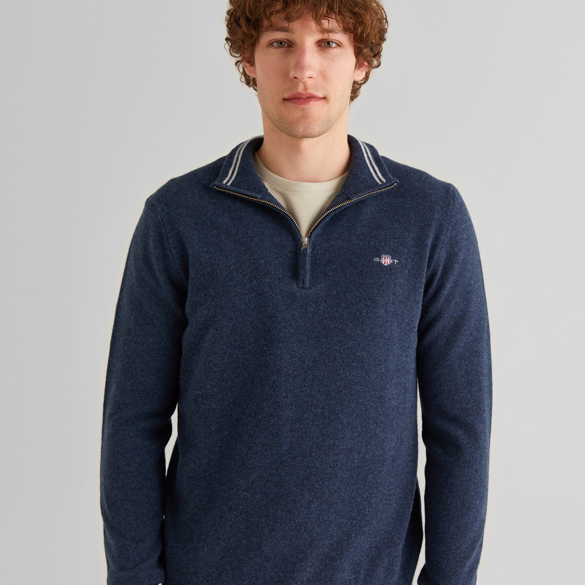 GANT Erkek Lacivert Regular Fit Yarım Fermuarlı Yün Kazak