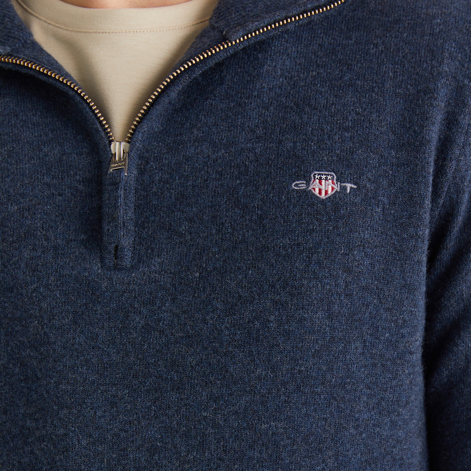 GANT Erkek Lacivert Regular Fit Yarım Fermuarlı Yün Kazak