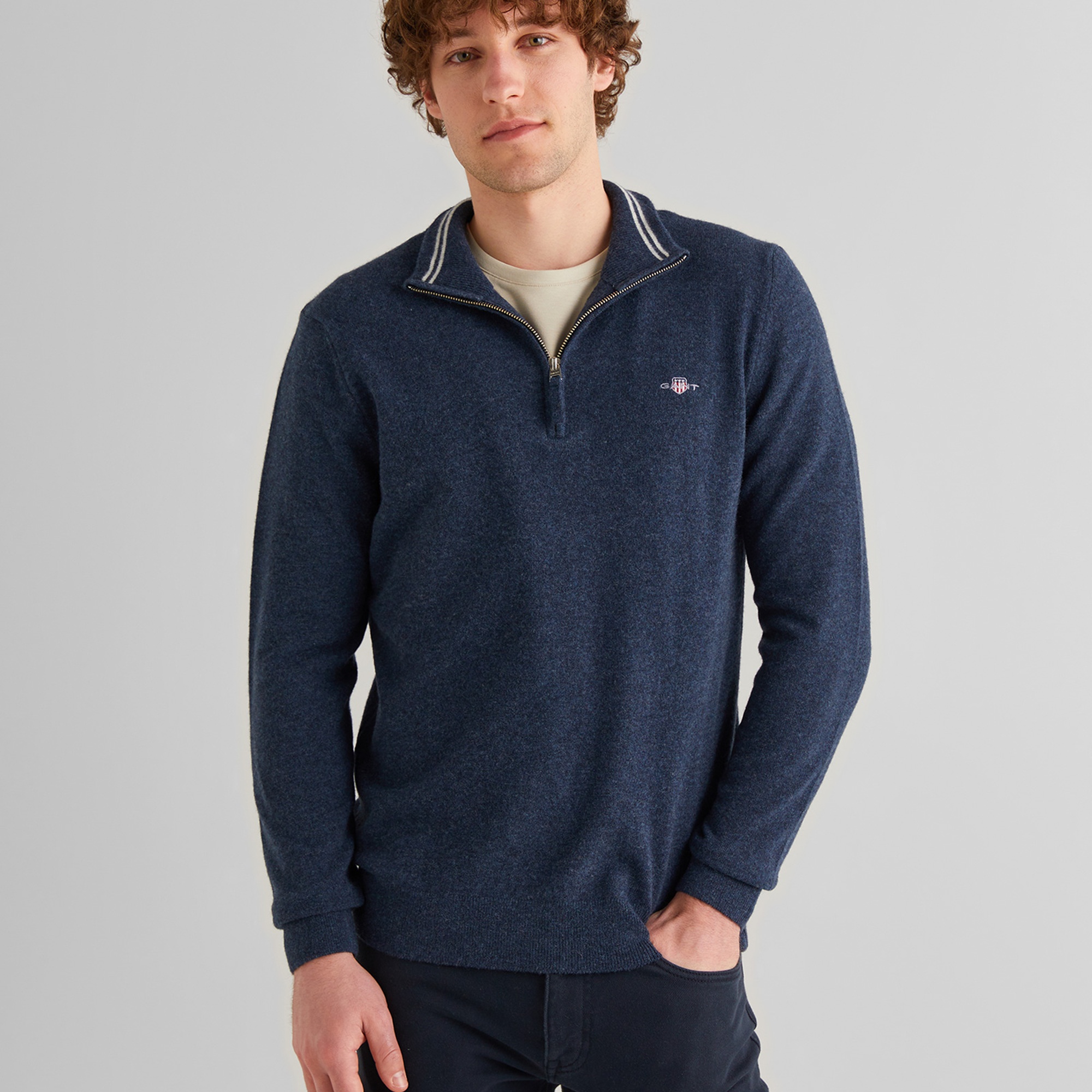 GANT Erkek Lacivert Regular Fit Yarım Fermuarlı Yün Kazak