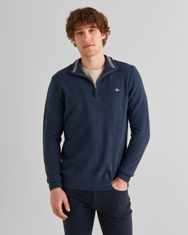  GANT Erkek Lacivert Regular Fit Yarım Fermuarlı Yün Kazak